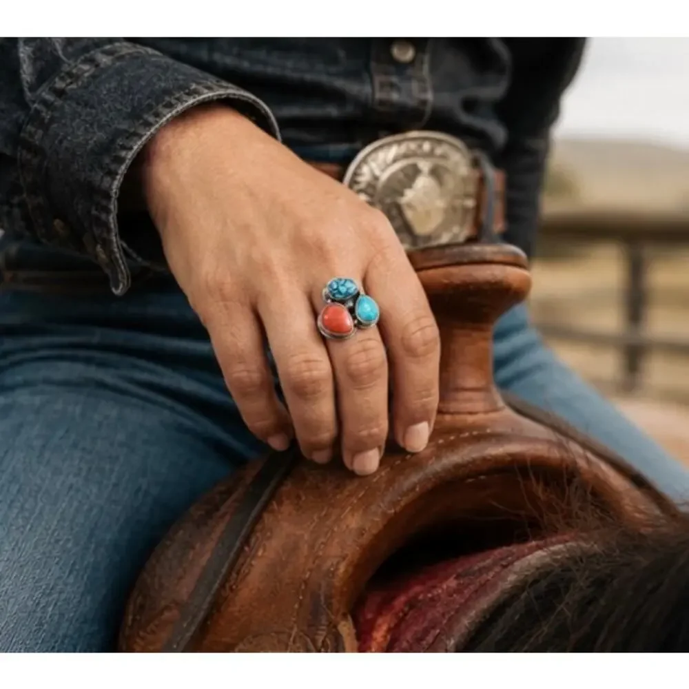 Three stone Turquoise & REd Coral Ring in Sterling Silver